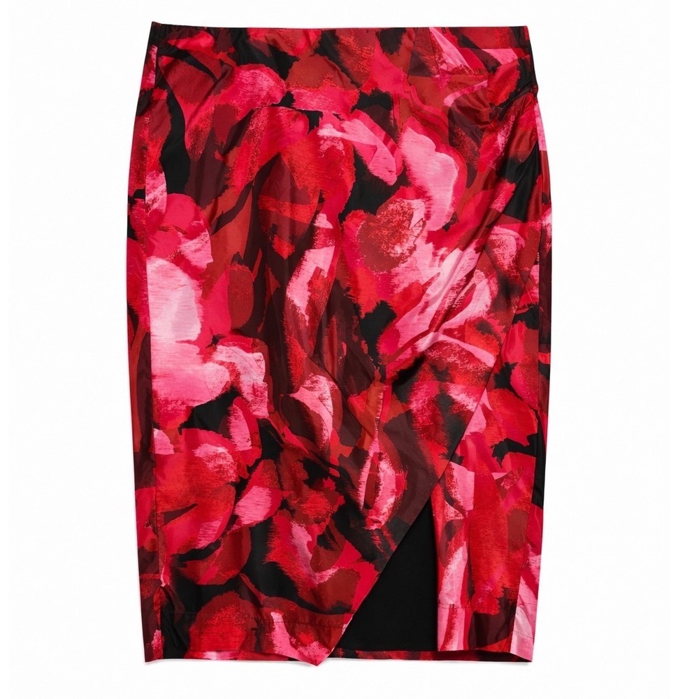 Eloquii Red Floral Wrap Midi‎ Skirt Size 26 Bold Print
